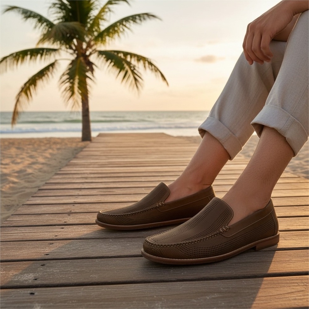 Tommy Bahama Felton Brown Perforated Leather Moc Toe Loafer TFM00228-282 Mens 14